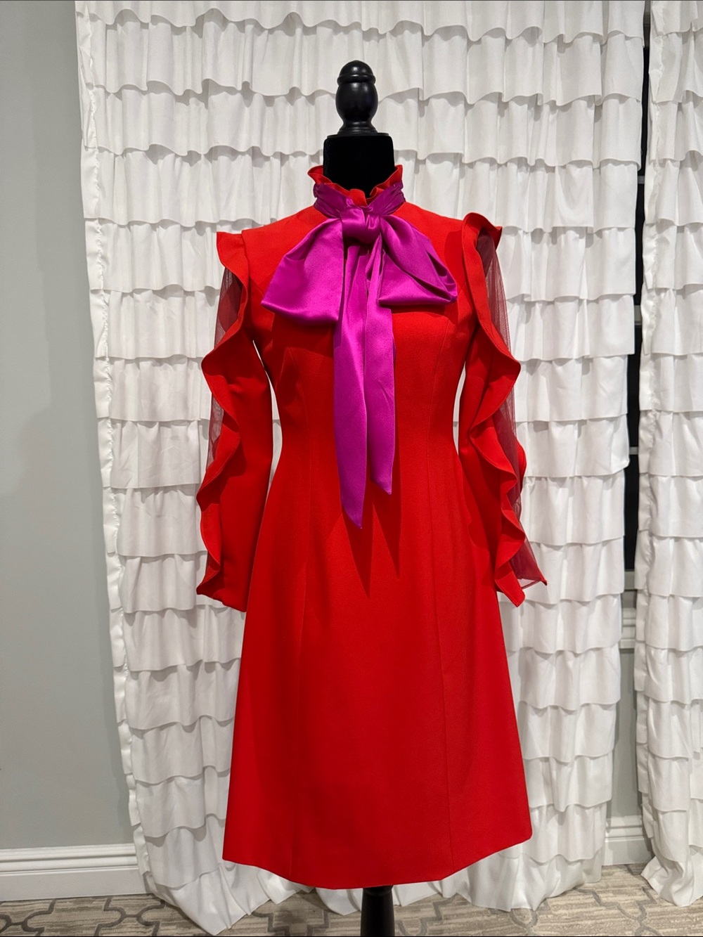 Red Long-Sleeve Ruffle Dress with Fuchsia Neck Tie